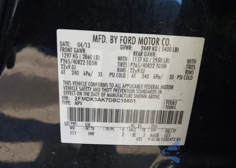 2013 Ford Edge Sport z USA, uszkodzony, nr VIN 2FMDK3AK7DBC15601